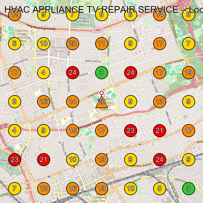 HVAC APPLIANCE TV REPAIR SERVICE Appliance Repair Service GeoGrid ranking map for Queens NY